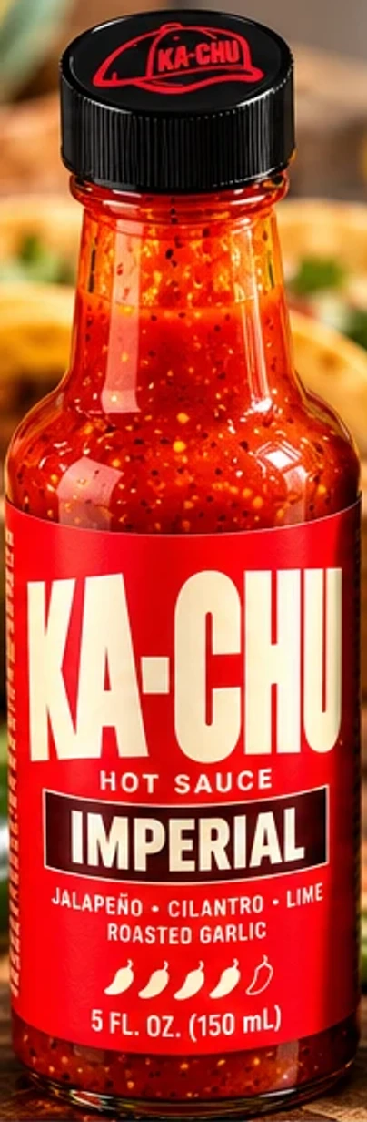 KA-CHU Imperial hot sauce: red label, bright red-orange sauce, black cap