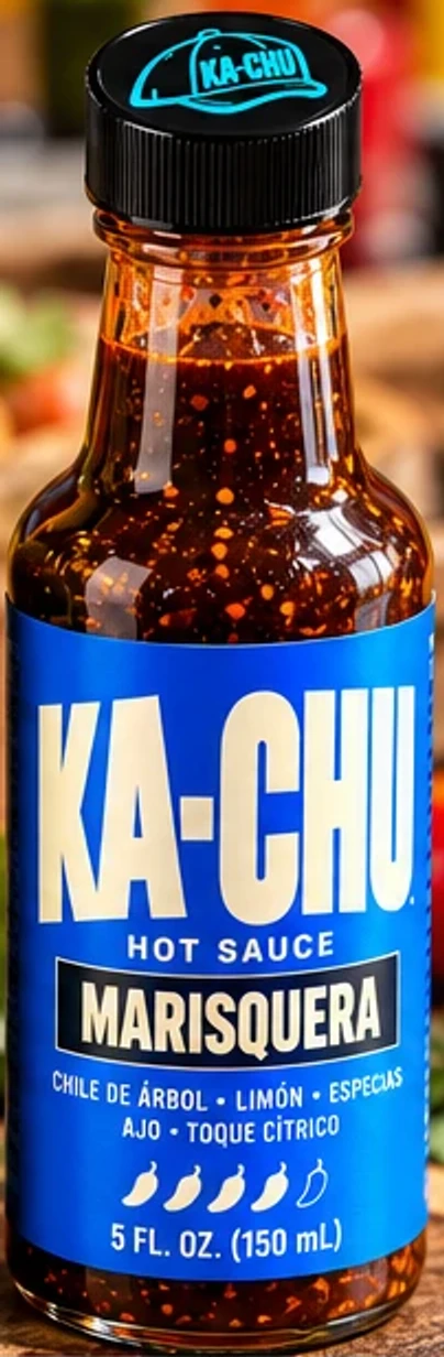 KA-CHU Marisquera hot sauce: electric blue label, near-black sauce, black cap