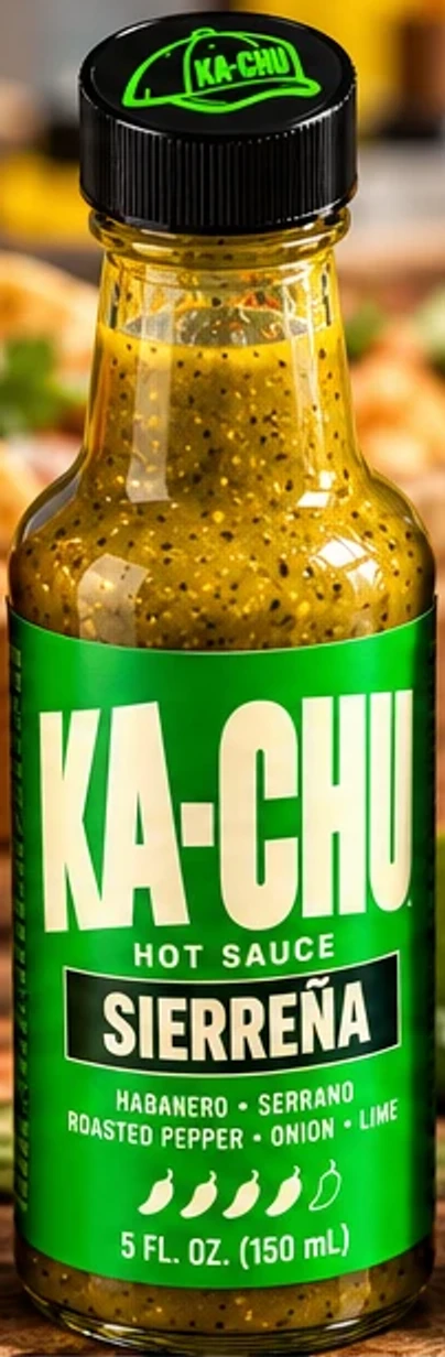 KA-CHU Sierreña hot sauce: green label, green sauce, black cap