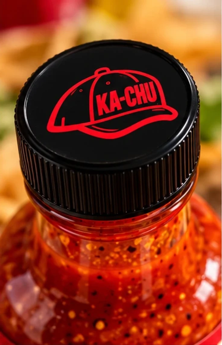 The top of a KA-CHU bottle cap, printed with the red baseball-cap logo