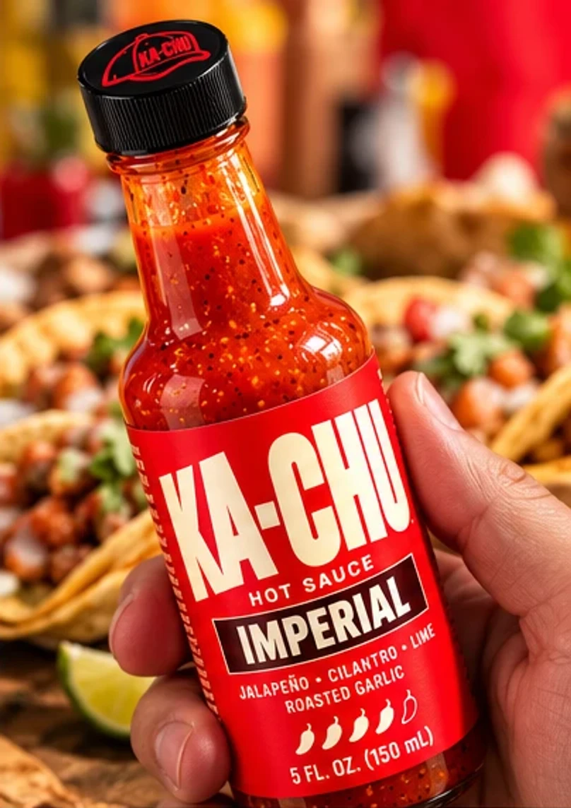 KA-CHU Imperial held over a plate of street tacos